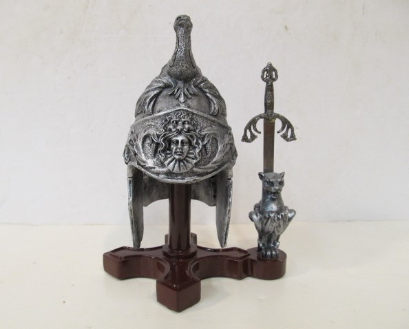 lot 243 image: Medieval Style Helmet & Sword Letter Opener Desk Set