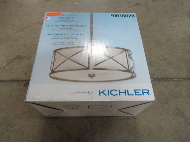 lot 419 image: Kichler Edenbrook Brushed Nickel ModernContemporary Etched Glass Drum Pendant 0616028