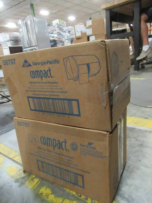 lot 38 image: (2) Compact 2-Roll Side-by-Side Coreless High-Capacity Toilet Paper Dispenser by GP PRO (Georgia-Pacific), Translucent White, 56797, 10.1 W x 6.8D x 7.1 H