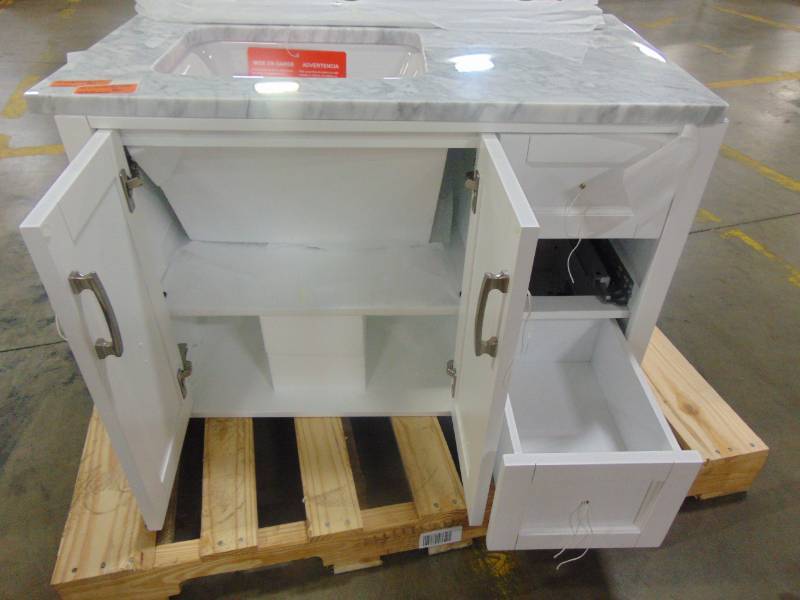 lot 593 image: allen  roth Floating 36-in White Single Sink Bathroom Vanity with Natural Carrara Marble Top 1315VA-36-201