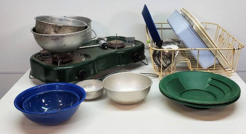 lot 80 image: Portable Camp Stove, Pots, Dishes, Thermos & Water Jug