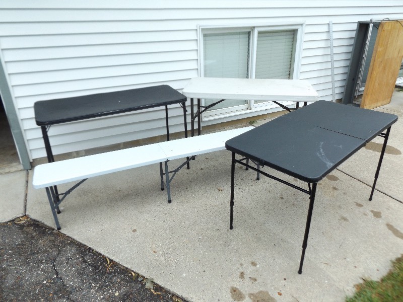 lot 17 image: Lot of 3 Small Folding Tables and a Folding Bench