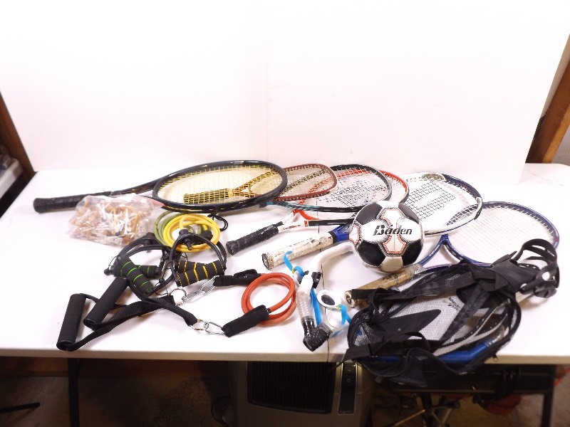 lot 13 image: Lot of Sporting Goods, Tennis Rackets, Racket Ball, Exercise Bands, etc. 