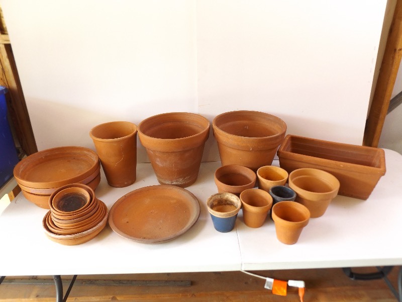 lot 26 image: Large Lot of Used Terra Cotta Planters and Bases