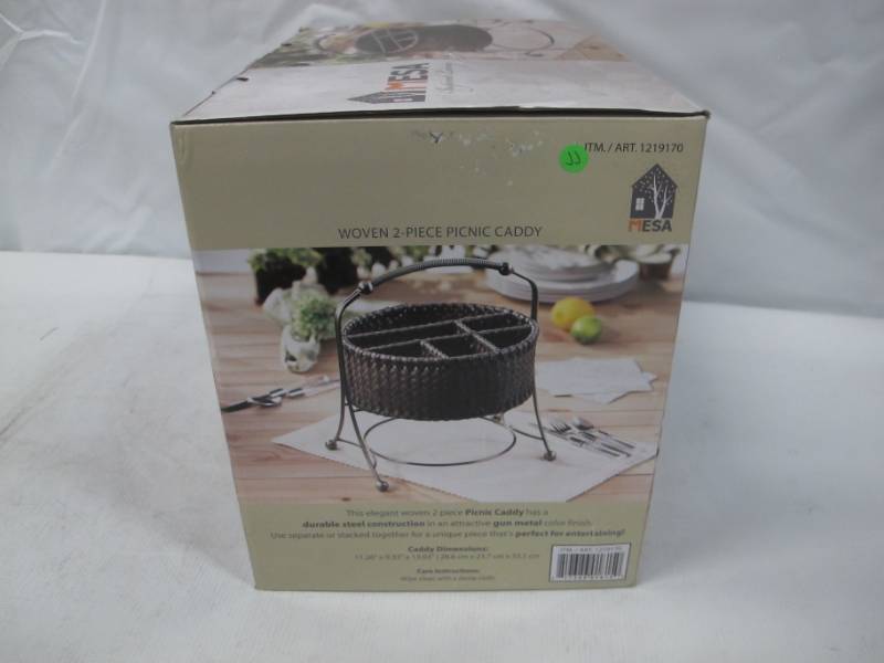 lot 14 image: Inspired Living by Mesa Yardley Woven Picnic Caddy Gunmetal Frame and Gray Ratta