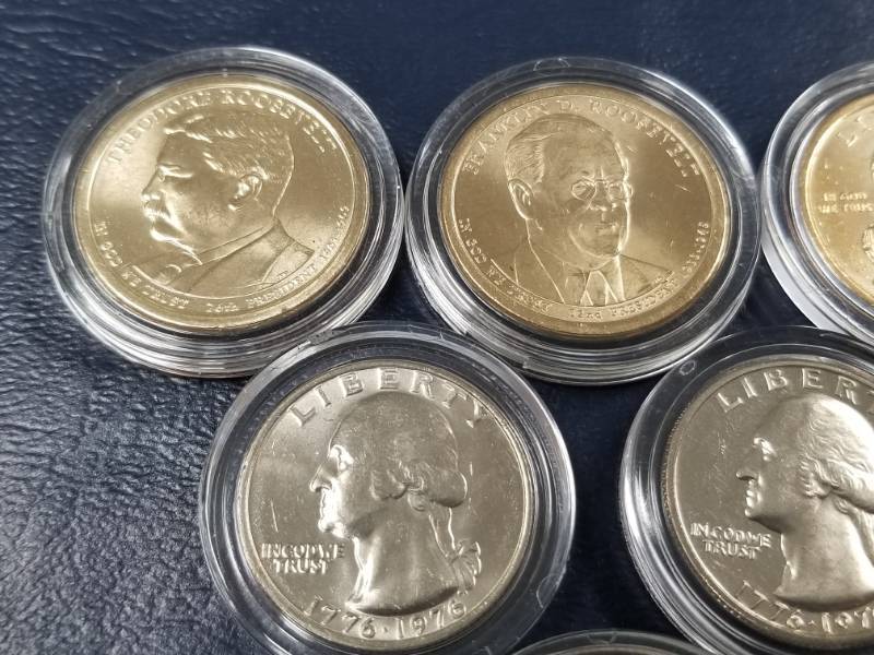 lot 35 image: 6 MODERN COINS 6 X DOLLARS & 3 X QUARTERS (1 PROOF) ALL IN AIRTITES