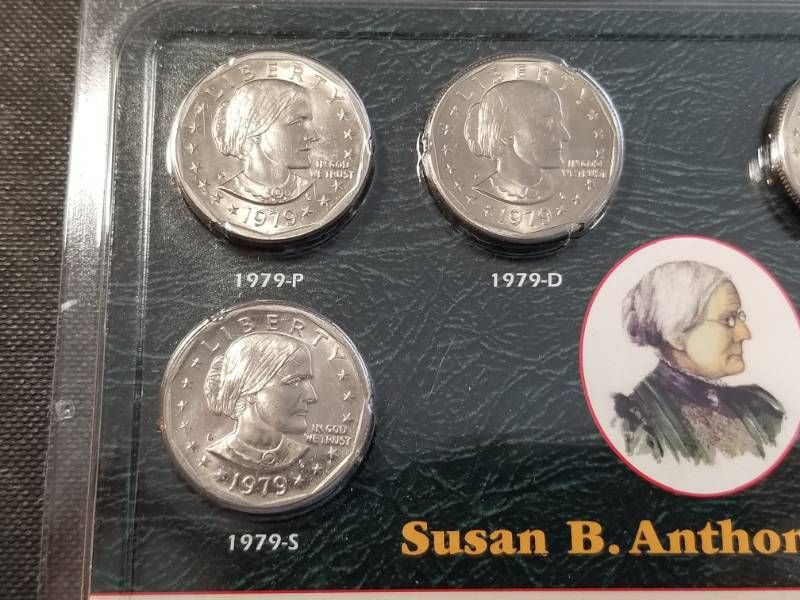 lot 21-A image: 6 COIN SET OF SUSAN B. ANTHONY DOLLARS BU-UNC SEALED