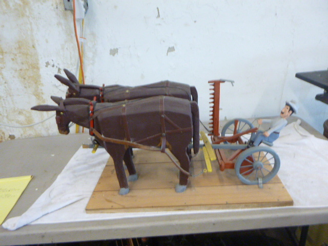 lot 7 image: Folk Art - Handmade Mules Pulling Man on Sickle Mower
