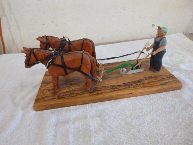lot 9 image: Folk Art - Handmade Horses with Plow and Man
