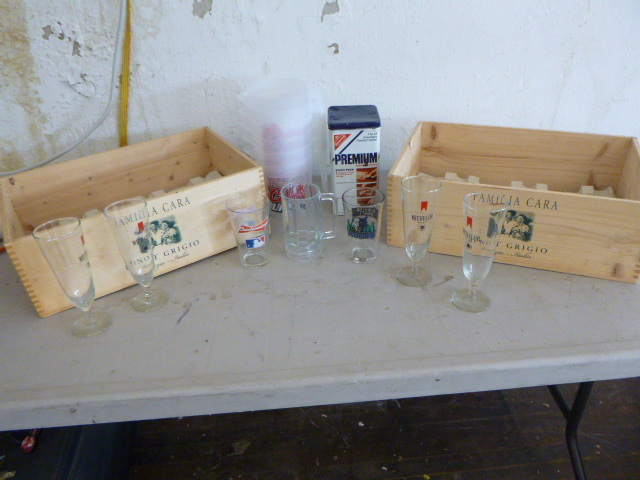 lot 91 image: Beer Glasses and Pitchers and 2 Wooden Wine Crates