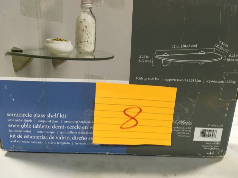 lot 8 image: Knape & Vogt 12 in. W x 8 in. D Wall Mounted Satin Nickel Glass Semi-Circle Decorative Shelf Kit in good condition
