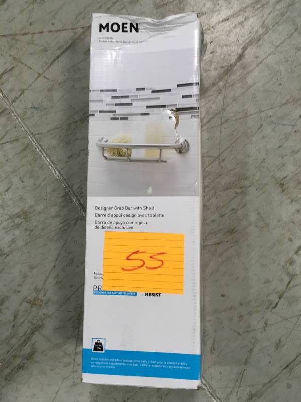 lot 55 image: MOEN 16 in. x 1 in. Screw Grab Bar with Shelf with Press and Mark in Brushed Nickel  in good condition