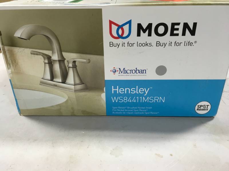 lot 61 image: MOEN Hensley 4 in. Centerset 2-Handle Bathroom Faucet Featuring Microban Protection in Spot Resist Nickel  in good condition