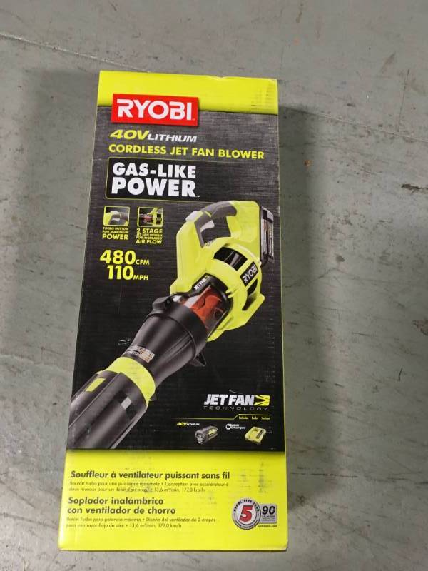 lot 65 image: RYOBI 110 MPH 480 CFM Variable-Speed 40-Volt Lithium-Ion Cordless Jet Fan Leaf Blower - 3.0 Ah Battery and Charger Included  in good condition