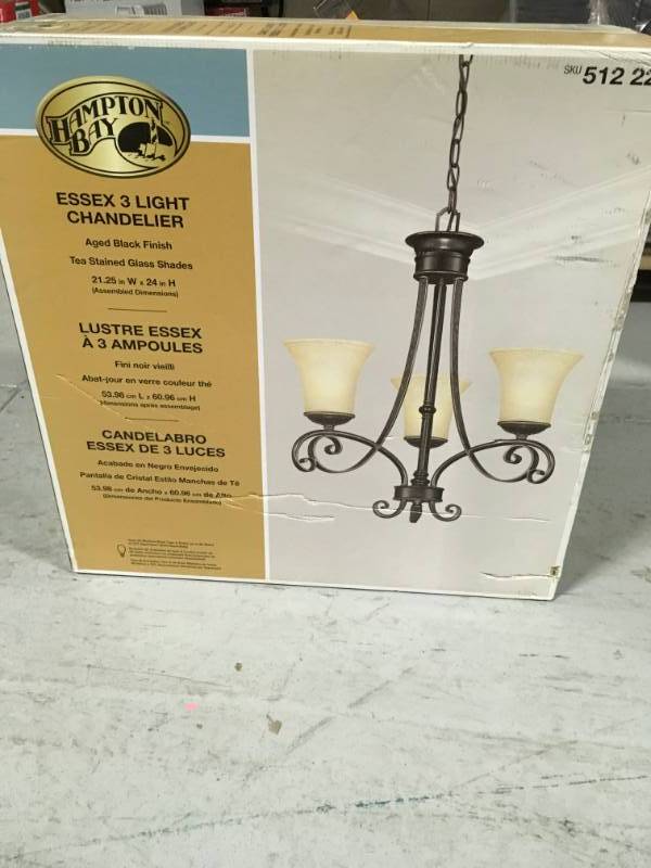 lot 75 image: Hampton Bay 14708 Essex 3-Light Aged Black Chandelier Aged Black t in good condition
