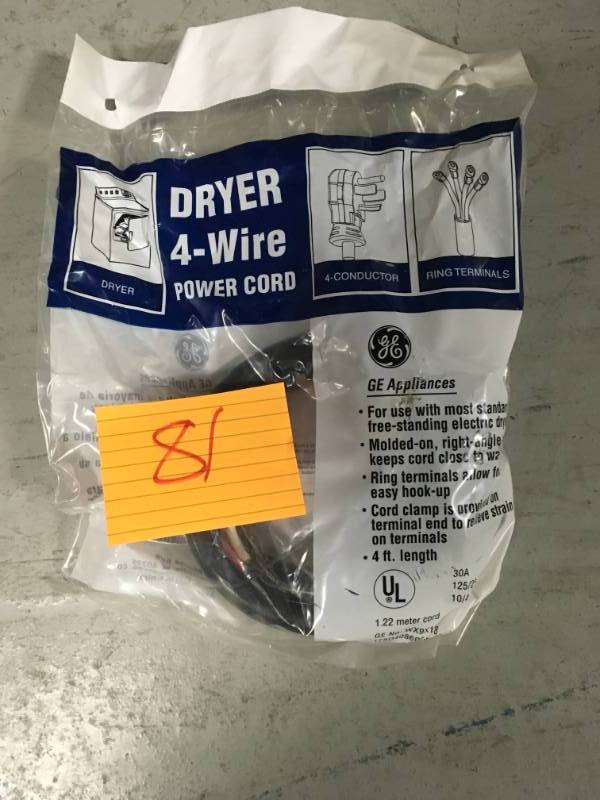 lot 81 image: GE Electric Dryer Power Cord 3 Prong 125250 30A 4 Ft Foot Longt in good condition