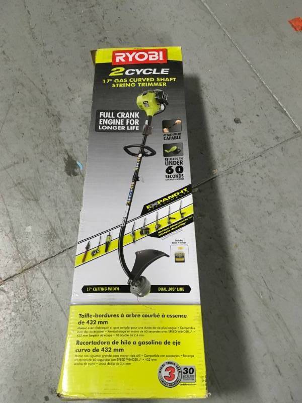 lot 2 image: RYOBI 25cc 2-Cycle Attachment Capable Full Crank Curved Shaft Gas String Trimmer in good condition