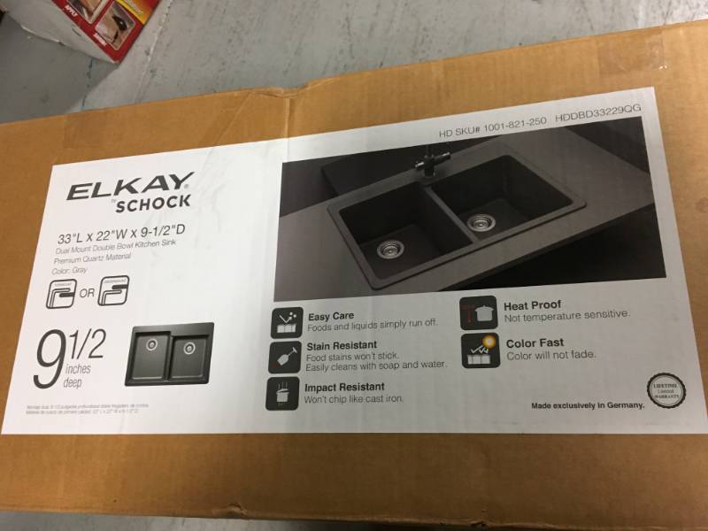 lot 3 image: Elkay Elkay by Schock Drop-InUndermount Quartz Composite 33 in. Square Offset Double Bowl Kitchen Sink in Gray not used