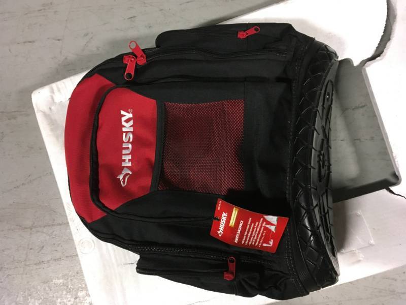 lot 14 image: Husky 18 in. Rubber Bottom Tool Backpack in Red in good condition