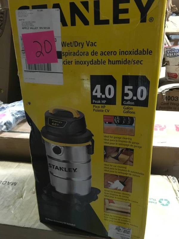 lot 20 image: Stanley 5 Gal. Stainless Steel WetDry Vacuum  in good condition
