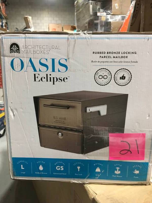 lot 21 image: Architectural Mailboxes Oasis Eclipse Rubbed Bronze Post Mount Locking Parcel Mailbox with Silver Flag  in good condition