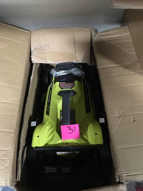 lot 31 image: 13 in. ONE 18-Volt Lithium-Ion Cordless Battery Walk Behind Push Lawn Mower - 4.0 Ah BatteryCharger Included by RYOBI  in good condition