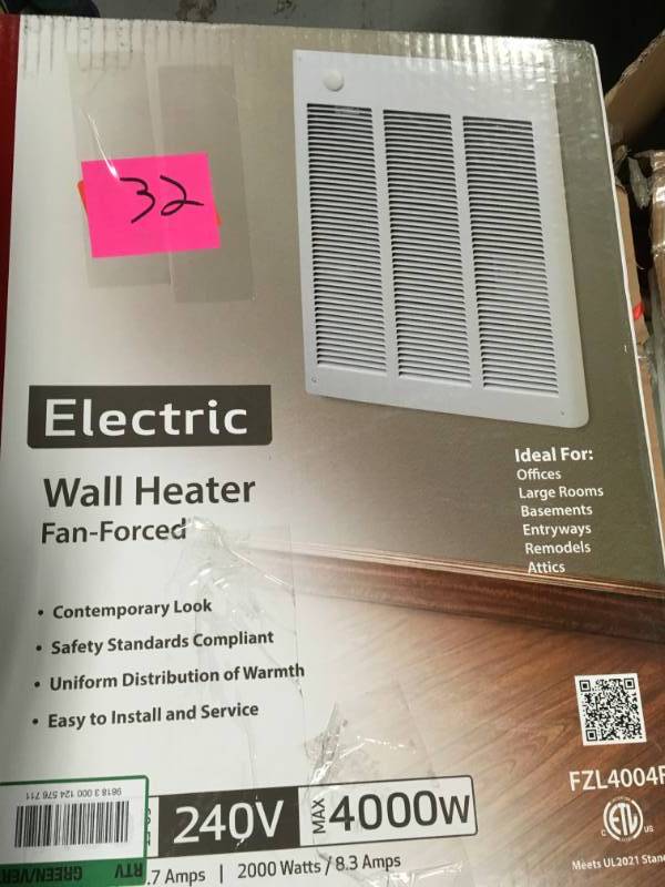 lot 32 image: Fahrenheat 4,000-Watt Large Room Wall Heater  in good condition