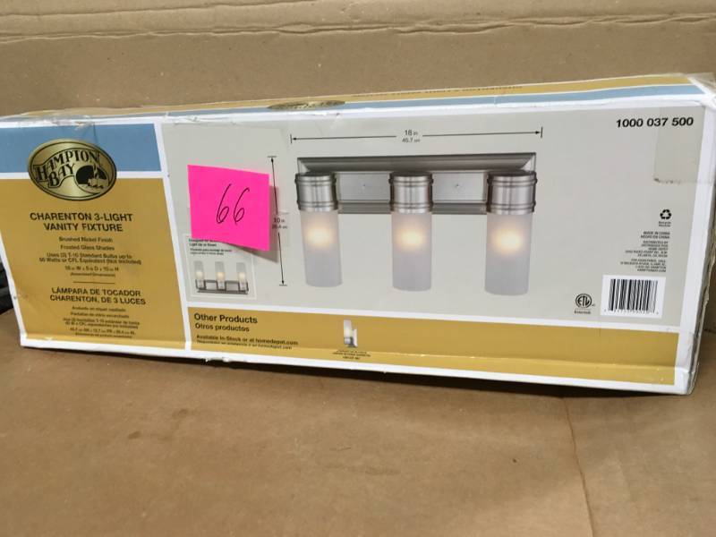 lot 66 image: 3-Light Brushed Nickel Wall Vanity Fixture not used
