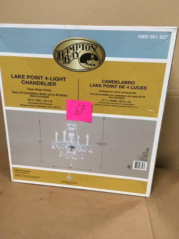 lot 67 image: Hampton Bay Lake Point 4-Light Chrome and Clear Crystal Chandelier not used