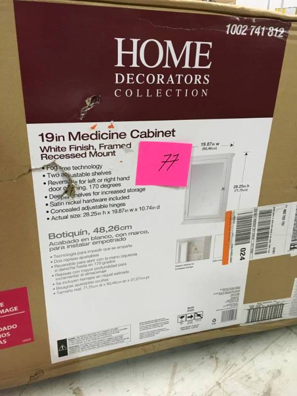 lot 77 image: Home Decorators Collection 19-78 in. W x 28-14 in. H Fog Free Framed Recessed Mount Extended Storage Bathroom Medicine Cabinet in White new