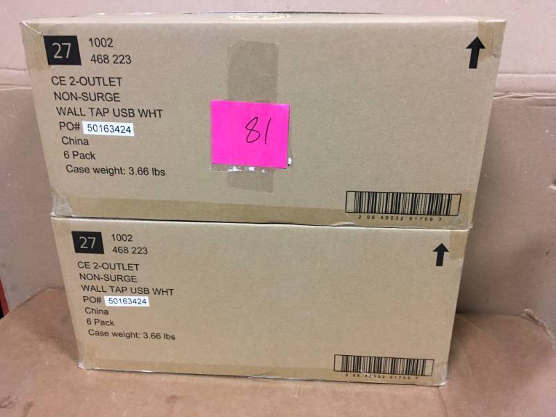 lot 81 image: Commercial Electric 4.2 Amp 2-Outlet 2-USB Wall Tap Power Station, White QTY 2 CASES 6 PACK new