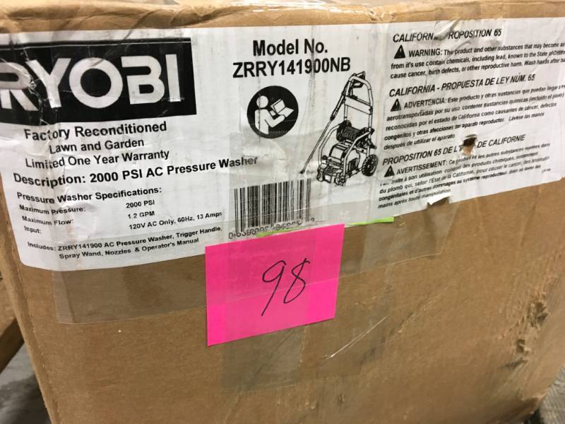 lot 98 image: RYOBI Reconditioned 2,000 PSI 1.2 GPM Electric Pressure Washer in good condition