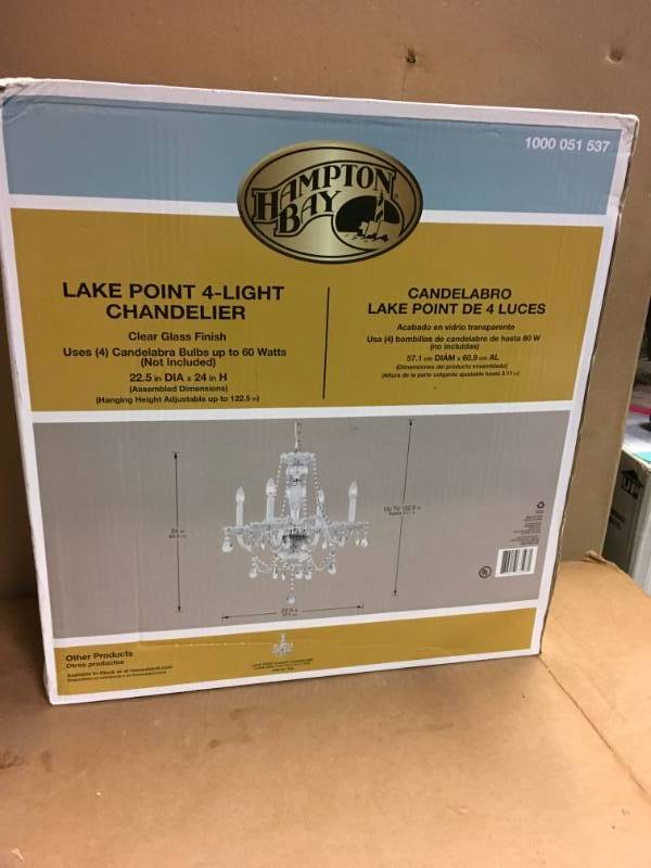 lot 4 image: Hampton Bay Lake Point 4-Light Chrome and Clear Crystal Chandelier not used