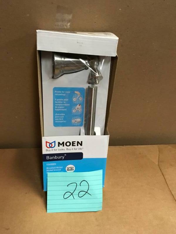 lot 22 image: MOEN Banbury Pivoting Double Post Toilet Paper Holder in Spot Resist Brushed Nickel not used