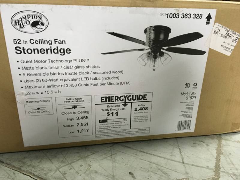lot 36 image: Hampton Bay Stoneridge 52 in. Matte Black Hugger LED Ceiling Fan with Light Kit not used