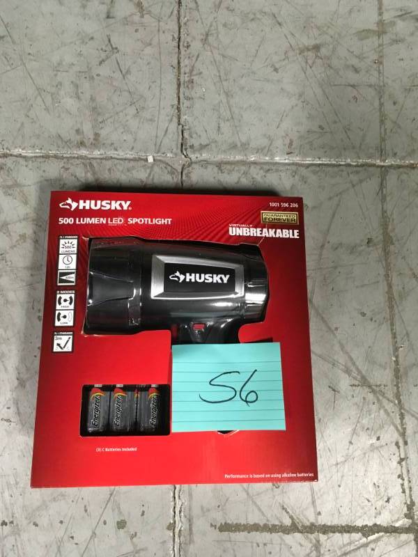 lot 56 image: HUSKY 500 Lumen LED SPOTLIGHT 1001 596 206 Virtually Unbreakable WITH BATTERIES not used