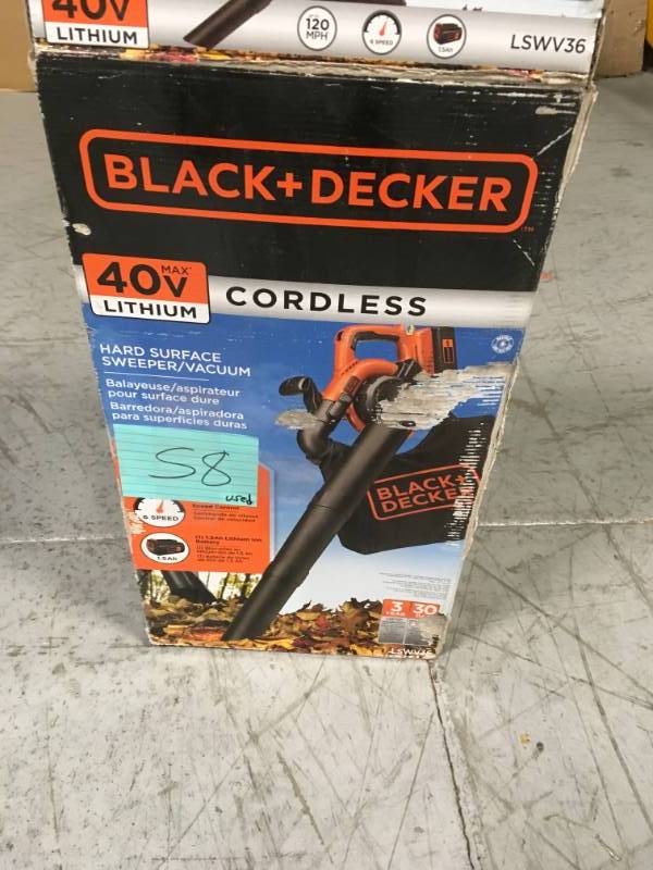 lot 58 image: BLACKDECKER 120 MPH 90 CFM 40-Volt MAX Lithium-Ion Cordless Handheld Leaf Sweeper USED tool only
