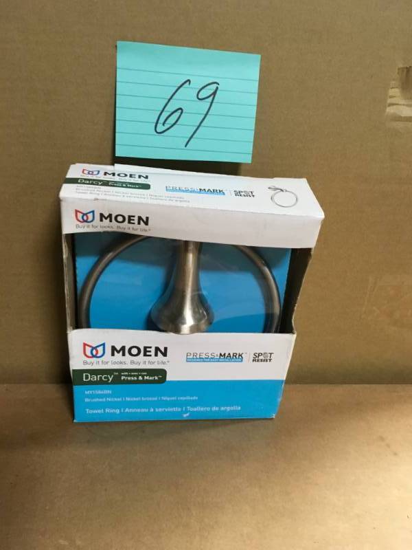 lot 69 image: MOEN Darcy Towel Ring with Press and Mark in Brushed Nickel not used