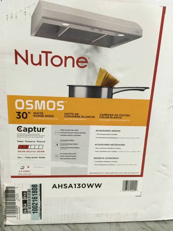 lot 74 image: NuTone Osmos 30 in. Convertible Under Cabinet Range Hood with Light in good condition