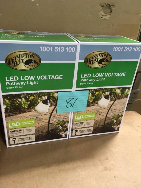 lot 81 image: Hampton Bay Low-Voltage Black Outdoor Integrated LED Black Landscape Path Light with White Tulip Shade not used