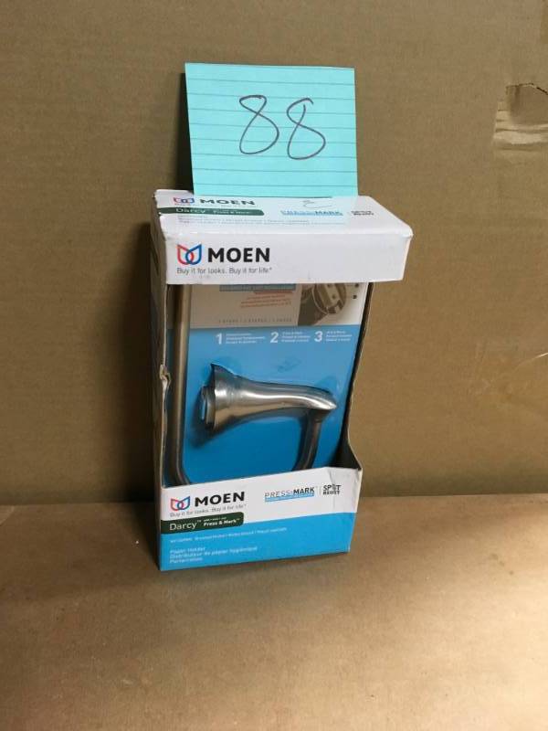 lot 88 image: MOEN Darcy Single Post Toilet Paper Holder with Press and Mark in Brushed Nickel not used
