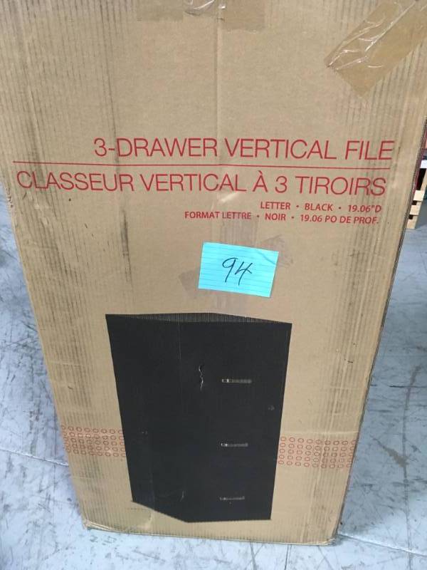 lot 94 image: Staples 3-Drawer Vertical File Cabinet Locking Letter not used