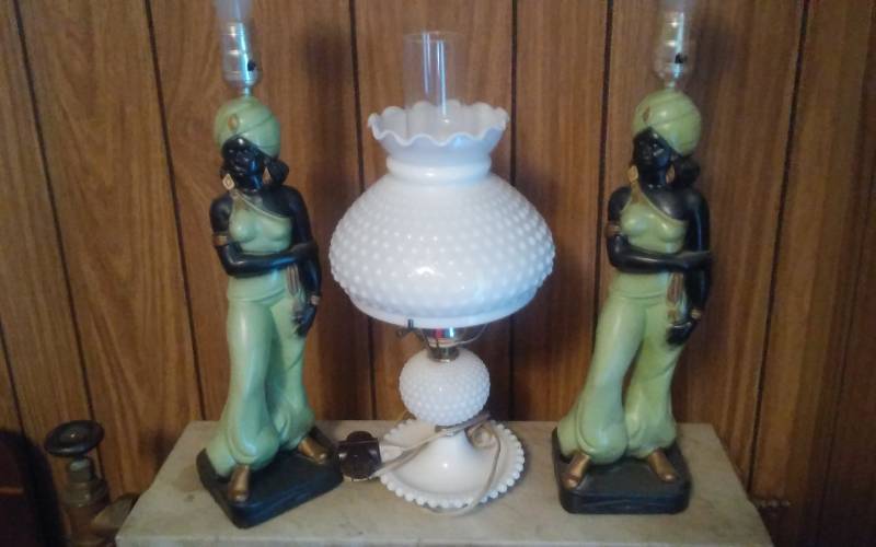 lot 2 image: Vintage Hobnail Milk Glass Hurricane Lamp, Pair Of Unique Lady Lamps