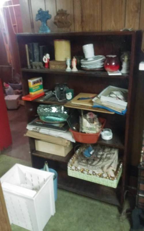 lot 26 image: Wood Shelf (37x10x60) With Contents (Collectibles, Papers, Plates, Puzzles)