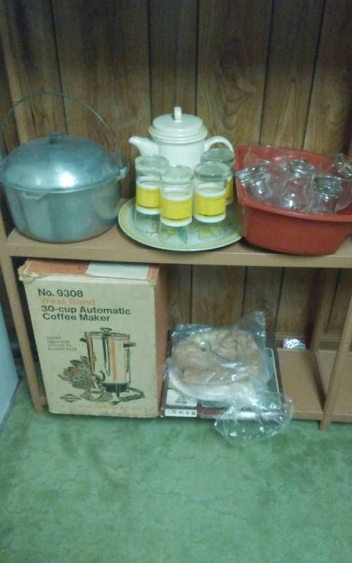lot 30 image: Lot Of Kitchen Items Dutch Oven, 30-Cup Coffee Maker, Glasses, Misc