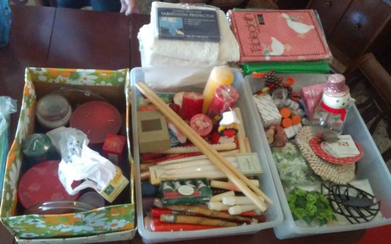 lot 32 image: 6-Boxes Of Candles, Candle Holders, Table Cloths, Salt & Pepper Shakers, Seasonal Items