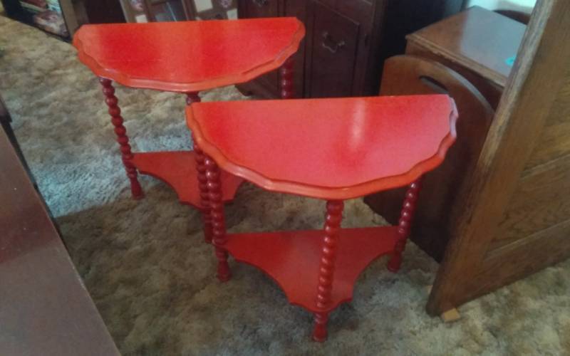 lot 42 image: Pair Of Half-Round Tables (Painted Red)