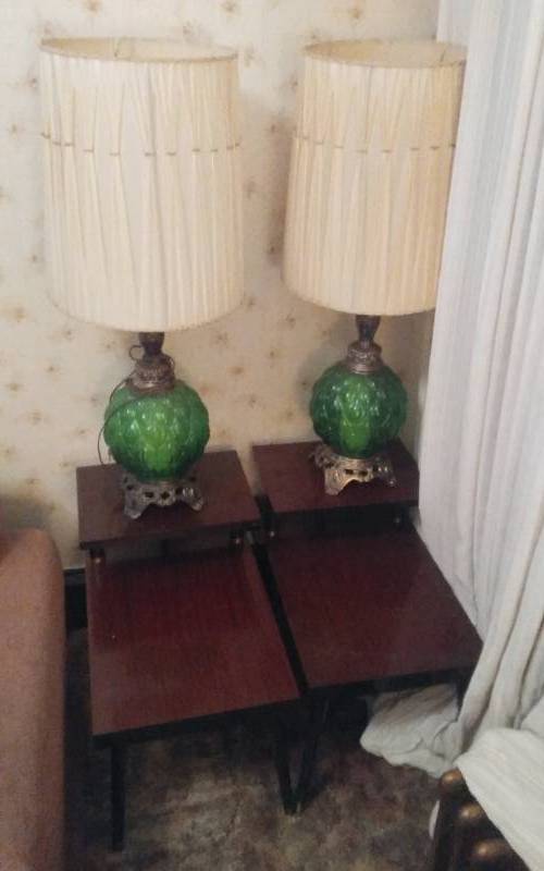 lot 50 image: Pair Of Step End Tables & Green Glass Lamps With Shades