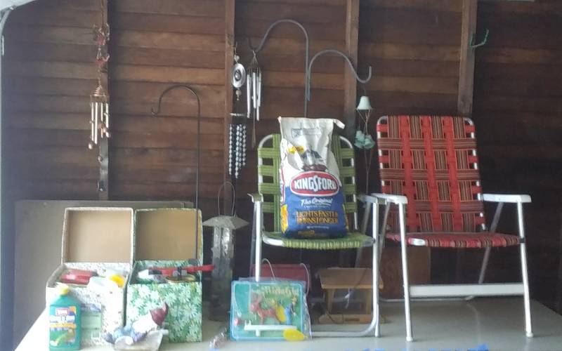 lot 75 image: Lot Of Lawn & Garden Related 2-Aluminum Chairs, Shepherd Hooks, Wind Chimes, Planters