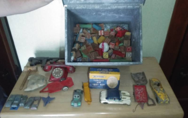 lot 99 image: Old Milk Box With Blocks & Old Toys, Metal Cars, Misc